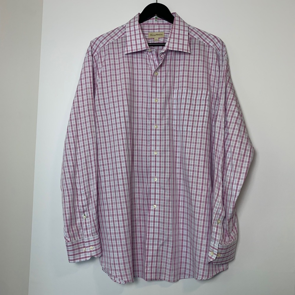 Tommy Bahama Button Down Mens 18 34/35 Purple Plaid Cotton Shirt Preppy Coastal